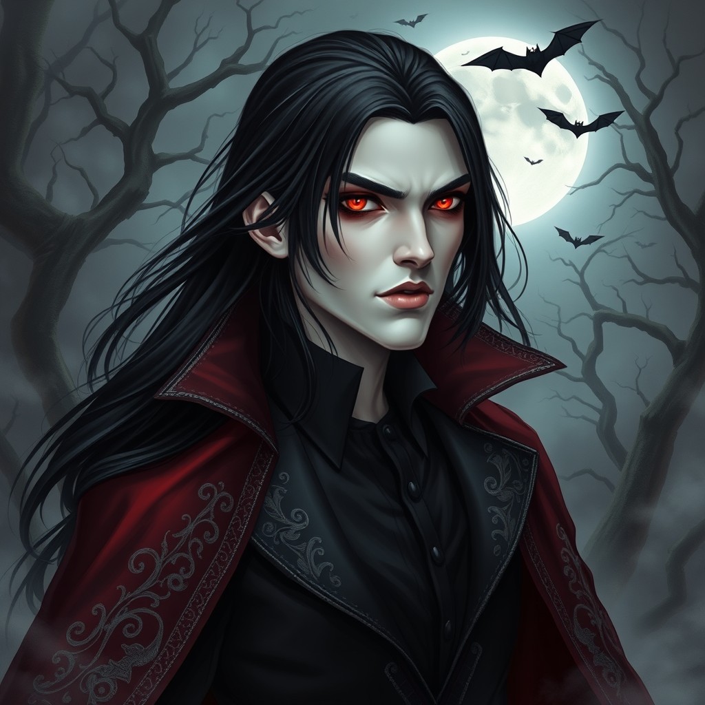 A dramatic and captivating vampire character design, perfect for a gothic novel cover