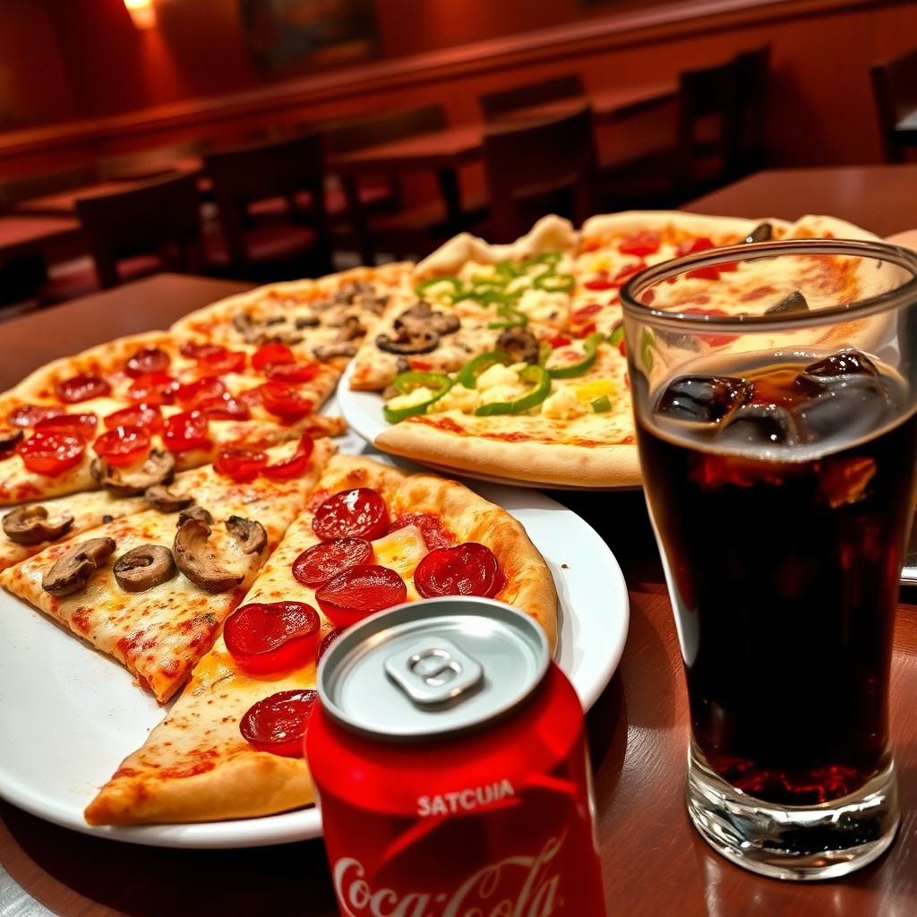 A vibrant restaurant scene featuring a large plate filled with various slices of pizza showcasing different toppings like pepperoni, mushrooms, and bell peppers