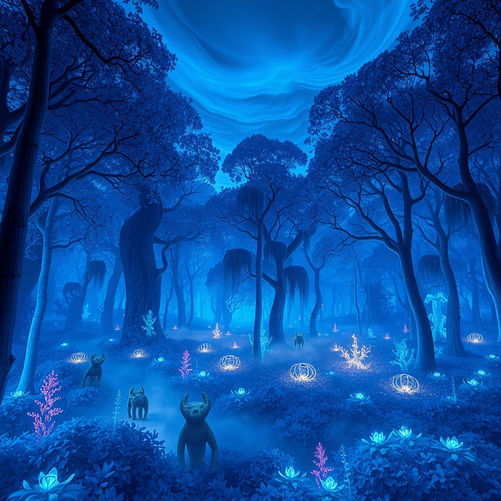 A surreal blue forest filled with fantastical trees and otherworldly plants