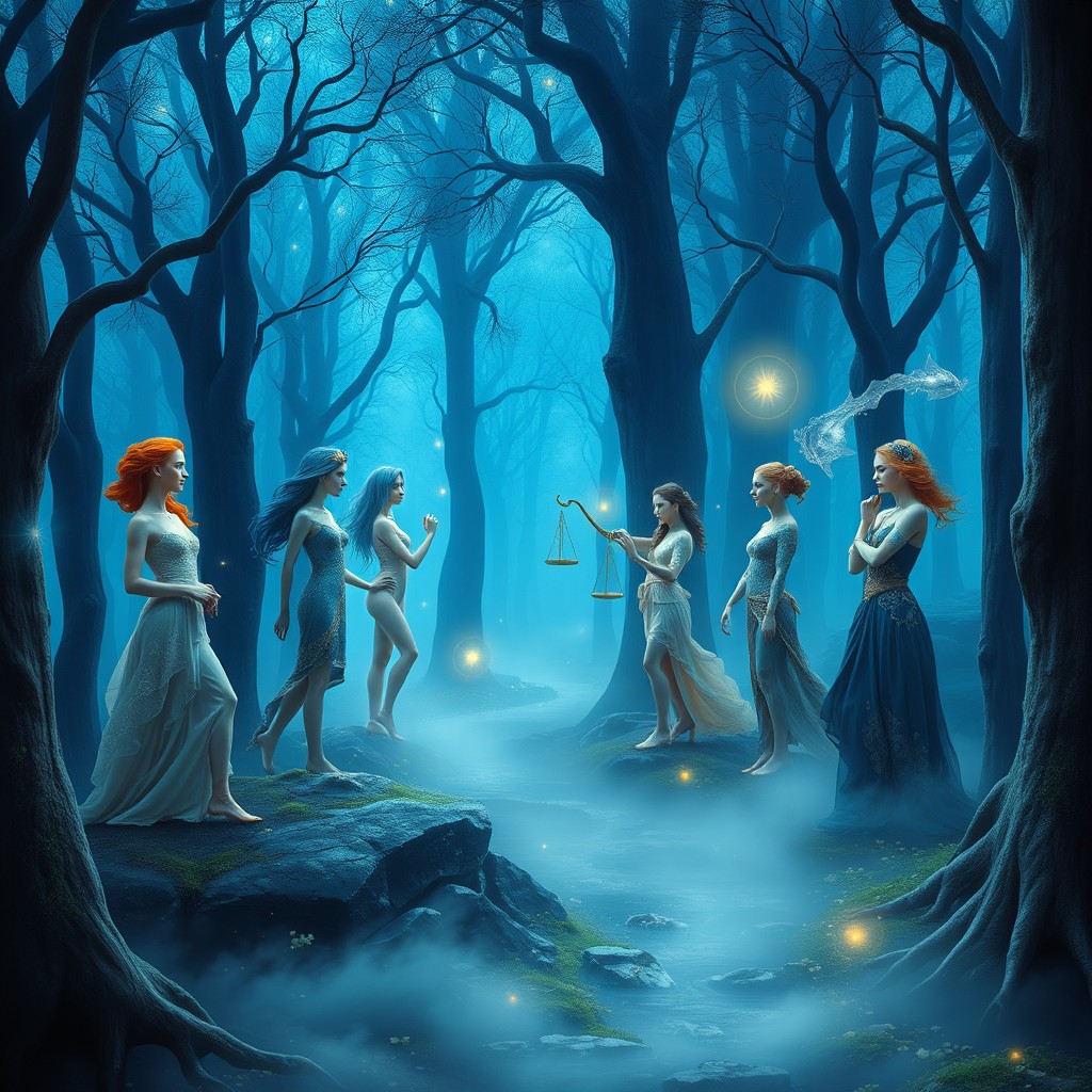 An enchanting surreal forest where all twelve zodiac signs are represented as human figures, each embodying their unique traits and characteristics