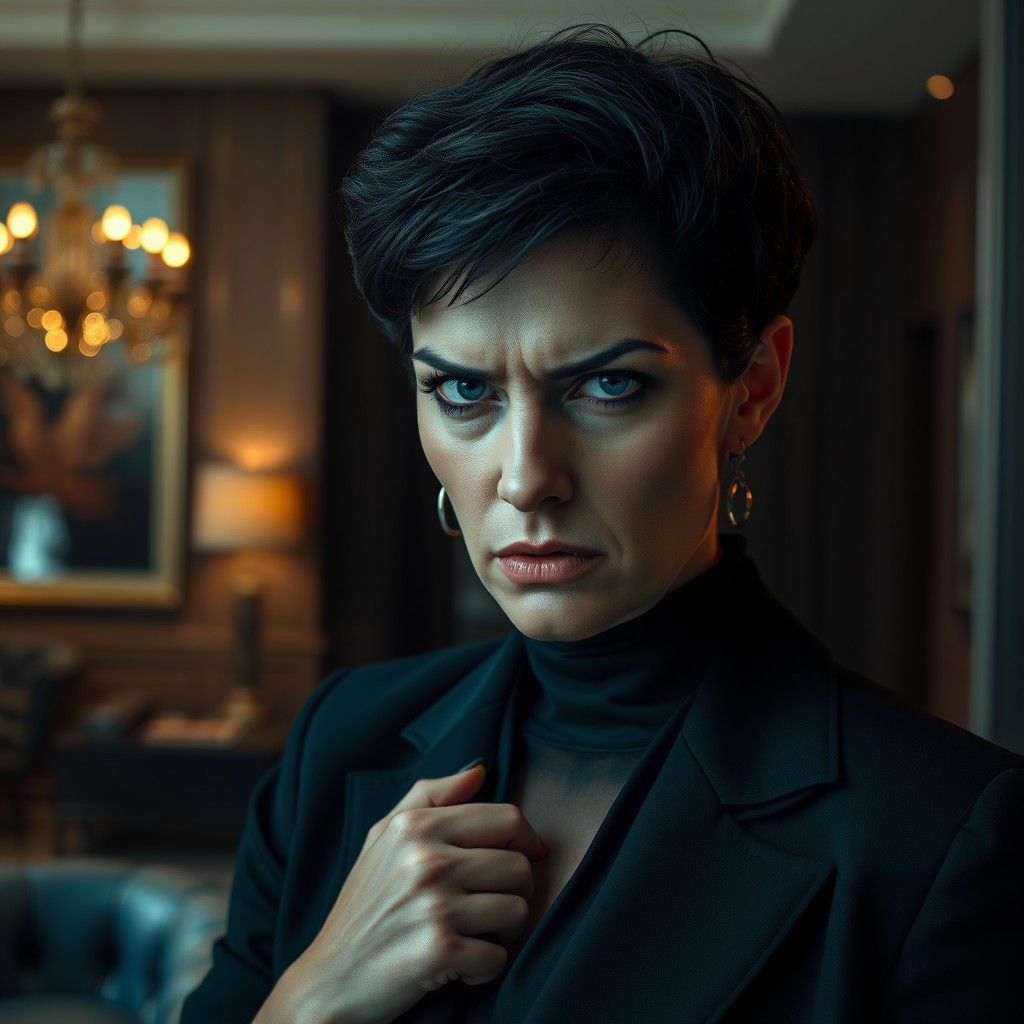 A hyper-realistic portrayal of a 40-year-old female interior designer with an intense and angry expression