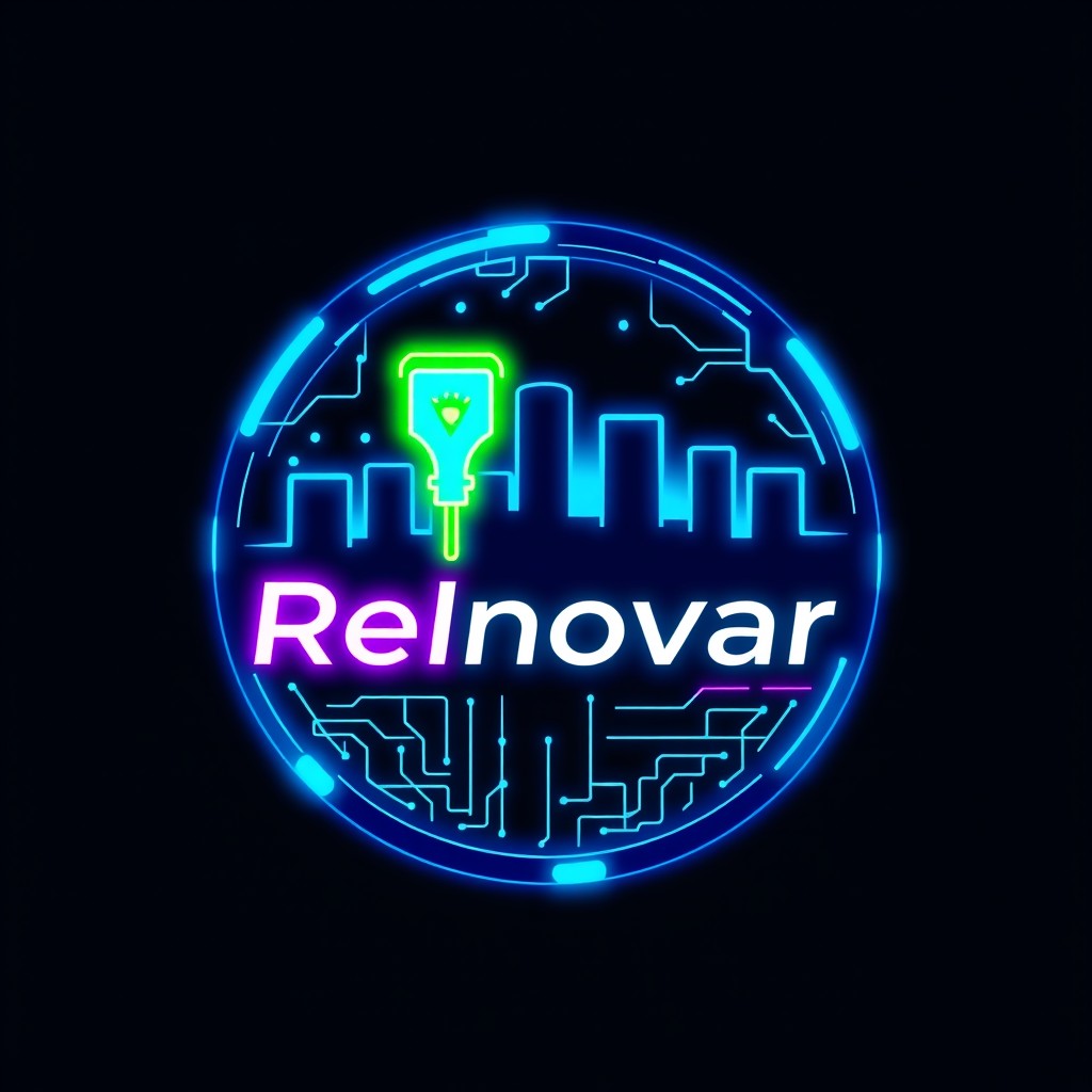 Logo design for an electric vehicle charging station named 'ReInovar', featuring a futuristic and urban style