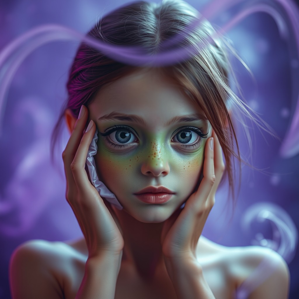 A surreal scene featuring a human girl, in a captivating and mystical setting, tenderly peeling away her facial skin