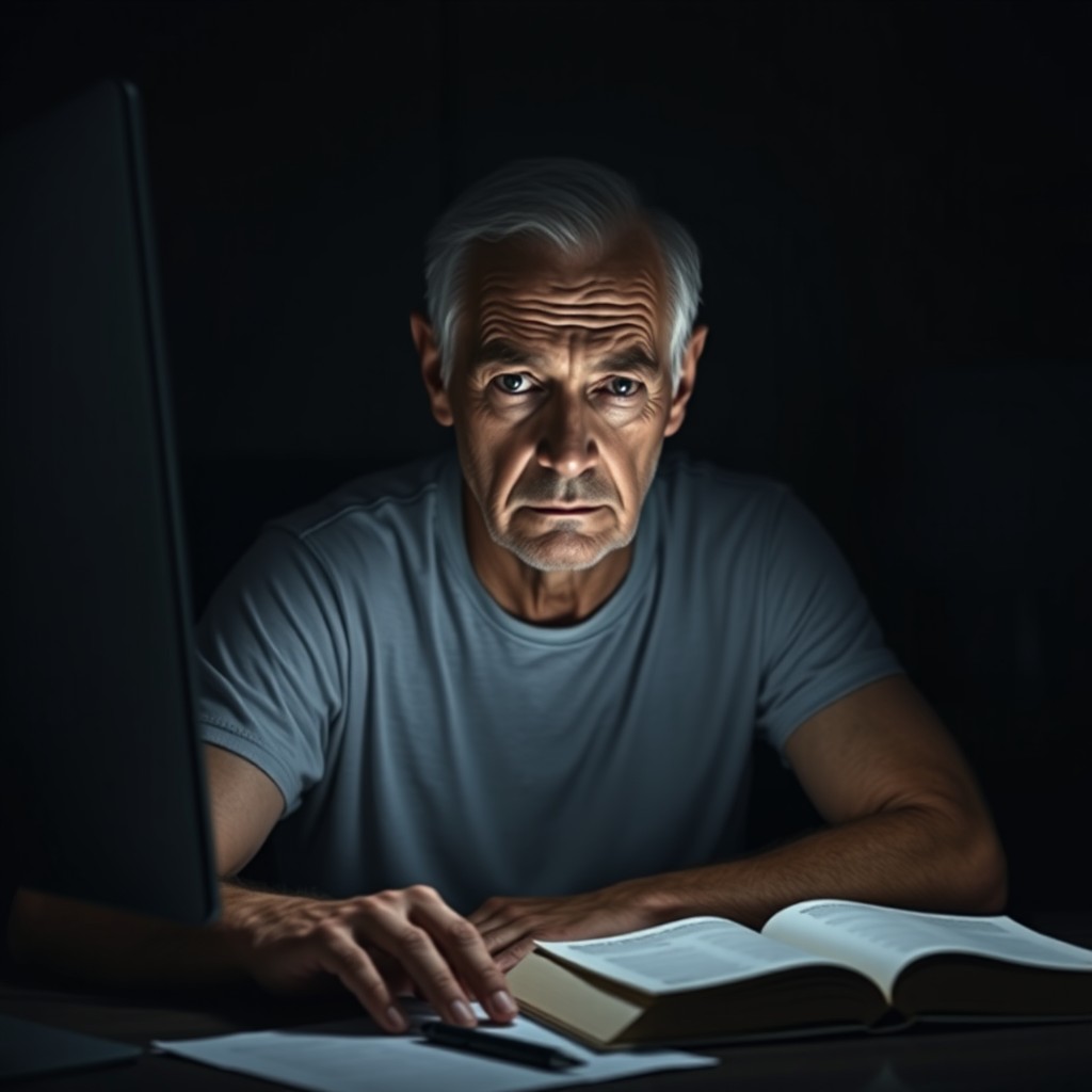 A hyper-realistic image of a 65-year-old man sitting at a desk, wearing a plain white undershirt, staring intently at a computer screen