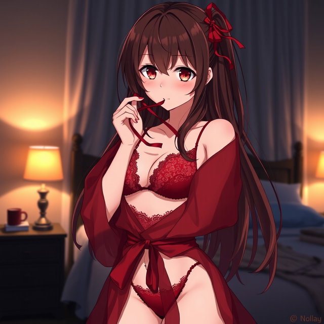 An anime girl with brown eyes and long, flowing brown hair featuring a striking red dip dye