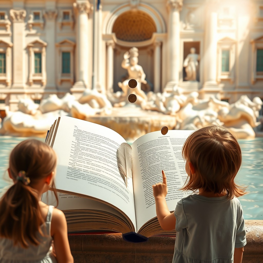 A bright daytime scene at the Trevi Fountain in Rome, with sunlight streaming down and soft ripples on the water surface