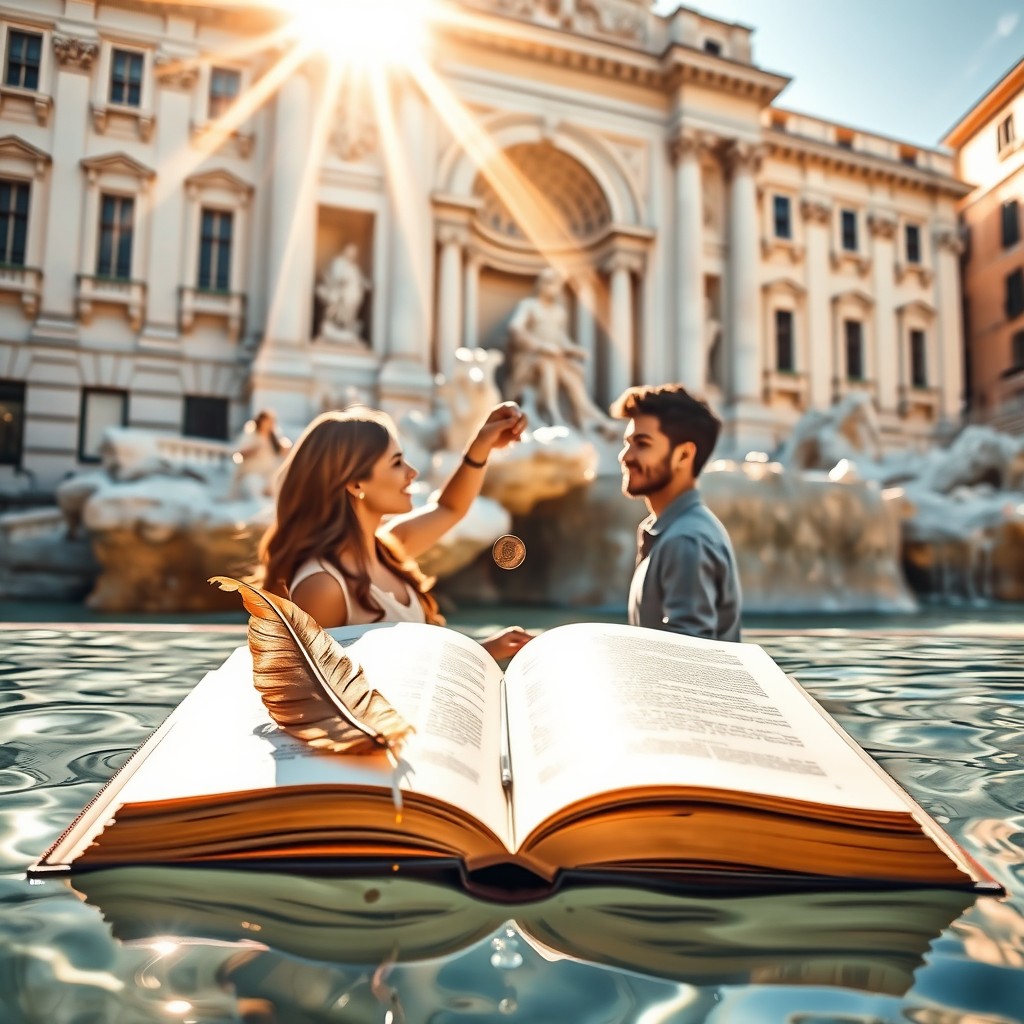 A bright daytime scene at the Trevi Fountain in Rome, with sunlight pouring down and gentle ripples on the water's surface