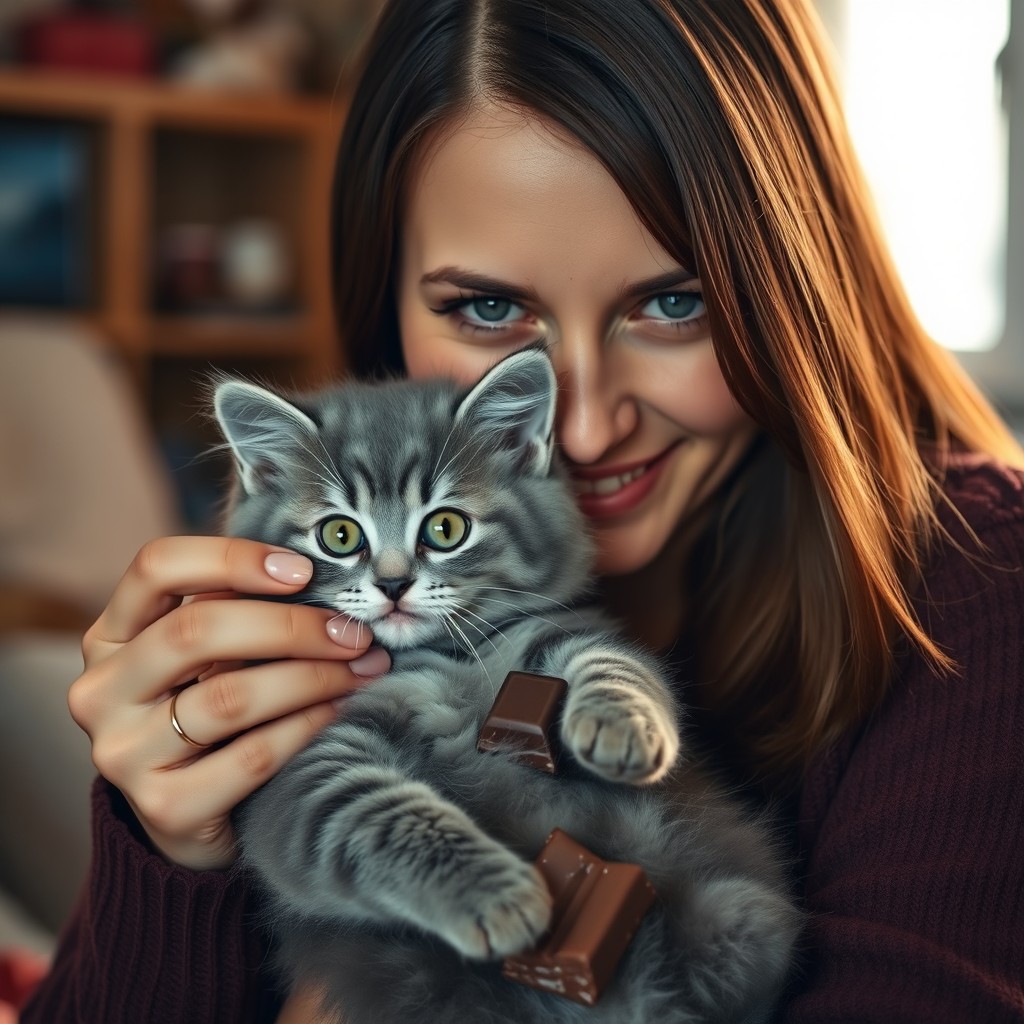 A green-eyed woman with chin-length brown hair is lovingly cradling a fluffy gray kitten that has striking bright green eyes