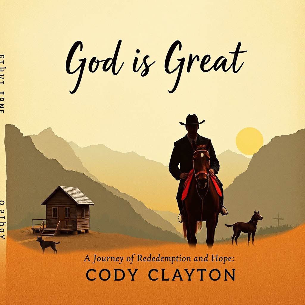 A book cover for 'God Is Great' by Cody Clayton, featuring a contemplative silhouette of Ethan Lane alongside his horse, Duke, symbolizing companionship and the journey