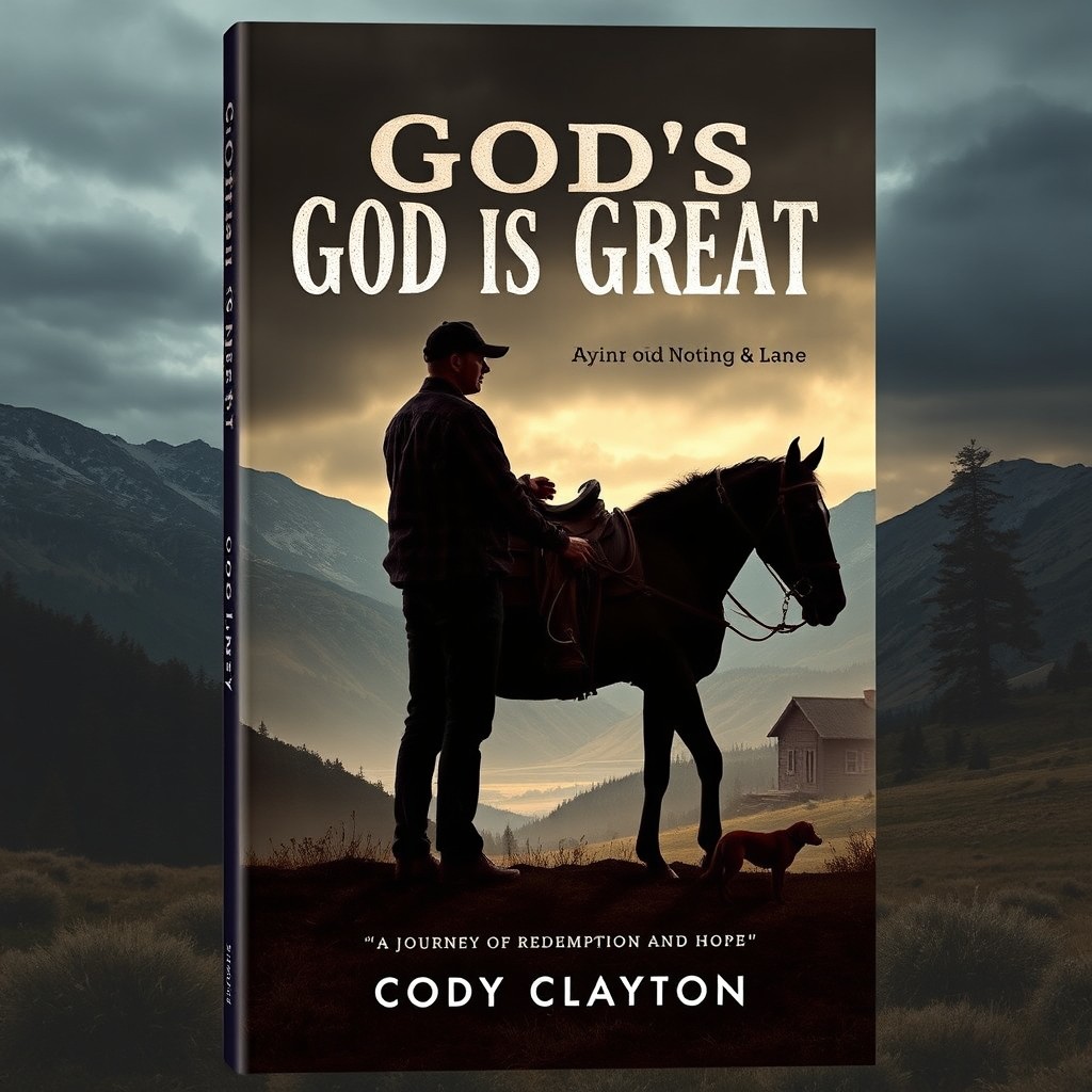 A slightly gothic book cover for 'God Is Great' by Cody Clayton, featuring a contemplative silhouette of Ethan Lane with his horse, Duke, representing companionship and the journey