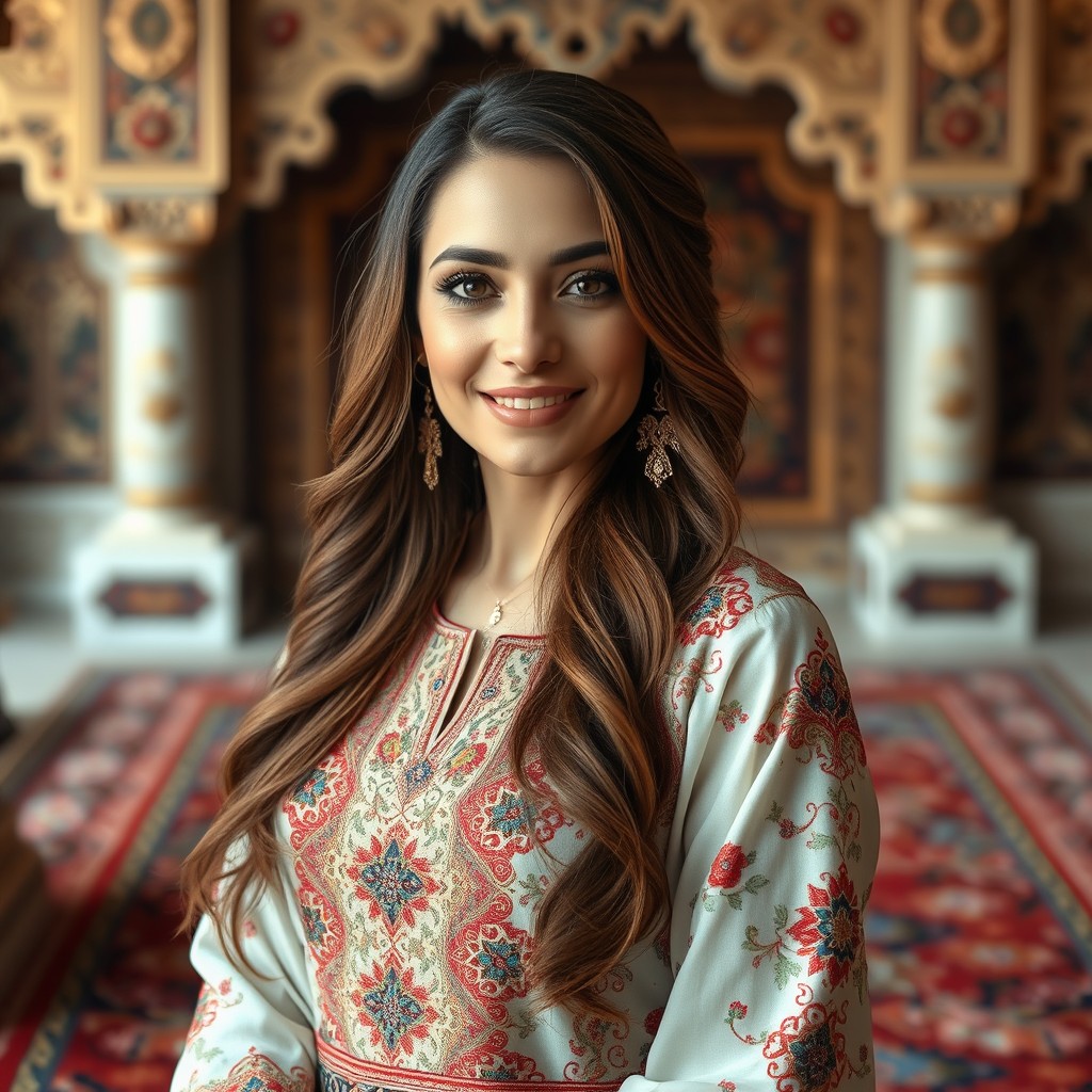 A portrait of an elegant Persian woman dressed in a traditional and beautifully embroidered garment, showcasing intricate patterns and vibrant colors
