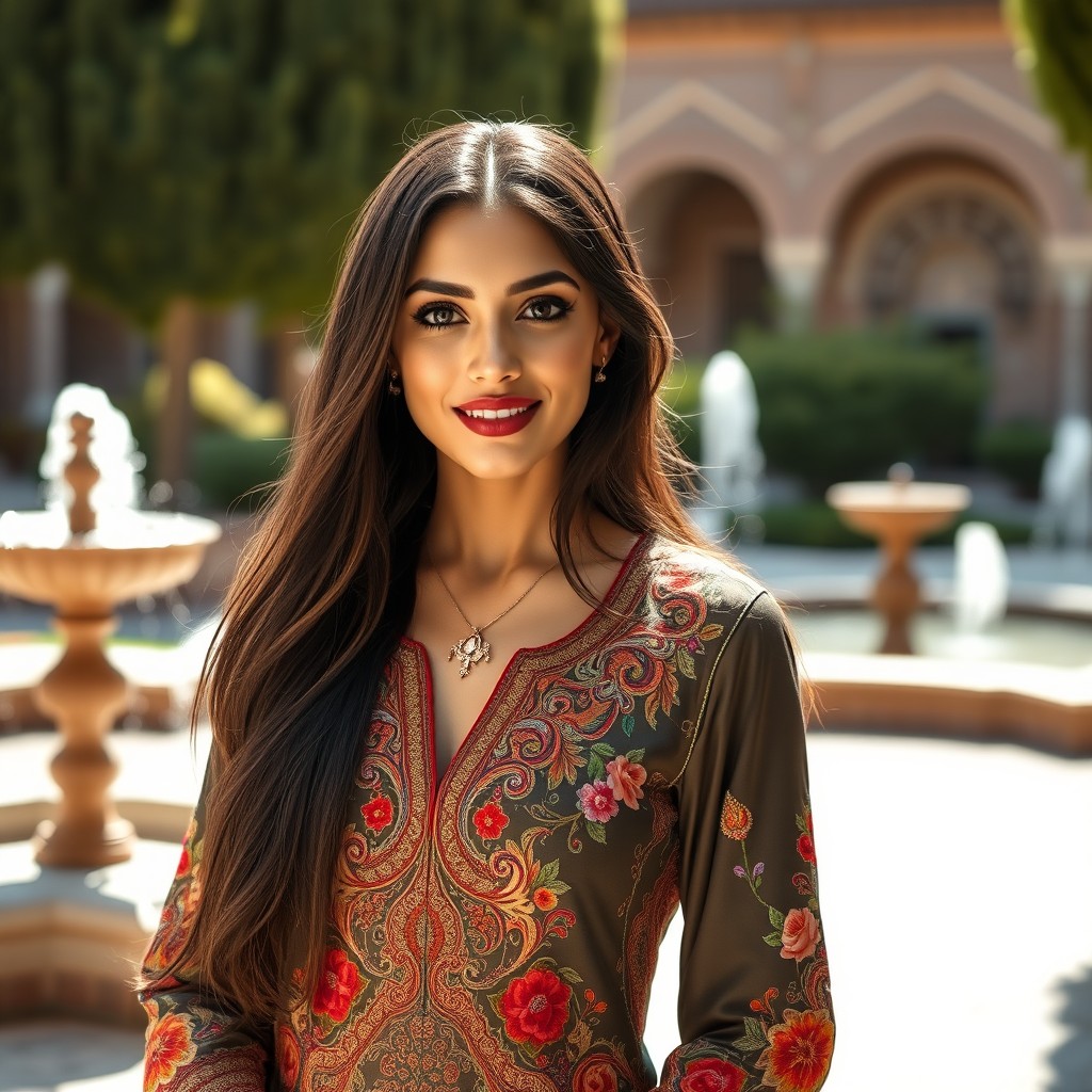 A stunning portrait of a Persian woman with long, flowing dark hair cascading over her shoulders