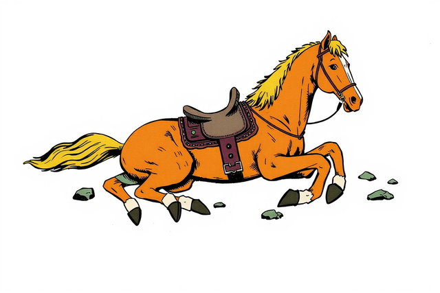 A comic-style illustration of a lying horse with a broken leg, adorned with a Western saddle, surrounded by boulders