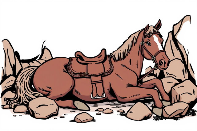 A comic-style illustration of a lying horse with a Western saddle, surrounded by boulders
