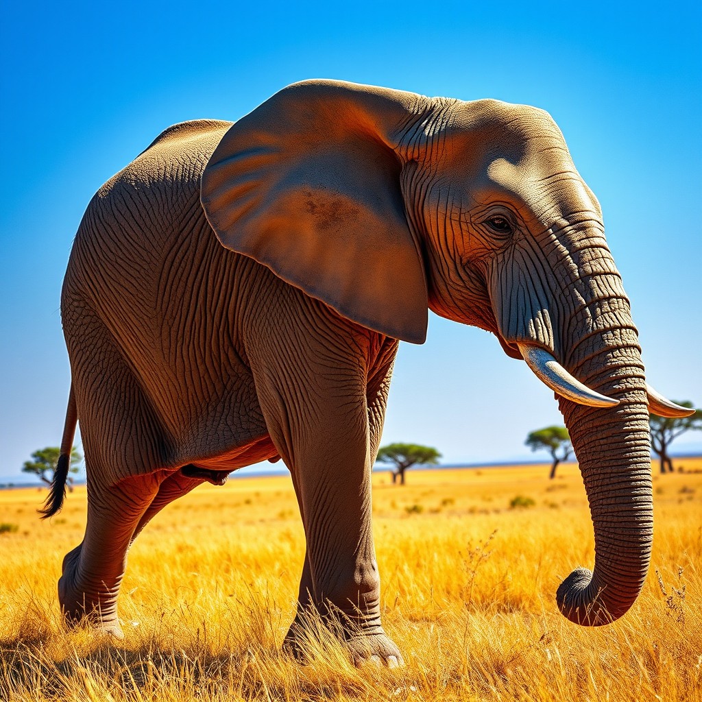 An African elephant walking gracefully through the vast savanna, surrounded by golden grasslands and a clear blue sky