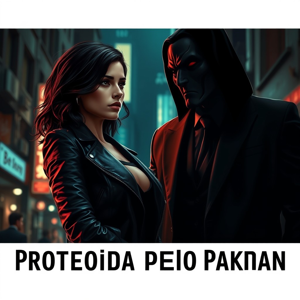 A captivating and intense romance scene inspired by the dark themes of "Protegida pelo Pakhan" featuring a strong, mysterious woman with dark hair, wearing a fitted black leather jacket, standing confidently in an urban environment