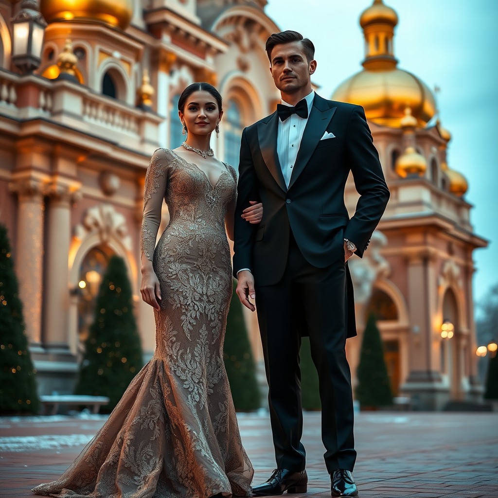 A beautiful couple dressed in elegant gala attire, showcasing a sophisticated and luxurious style typical of Russian high society