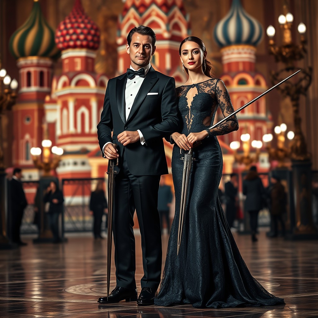 A couple dressed elegantly in formal gala attire, standing confidently in a grand Russian setting, possibly featuring opulent architecture like St