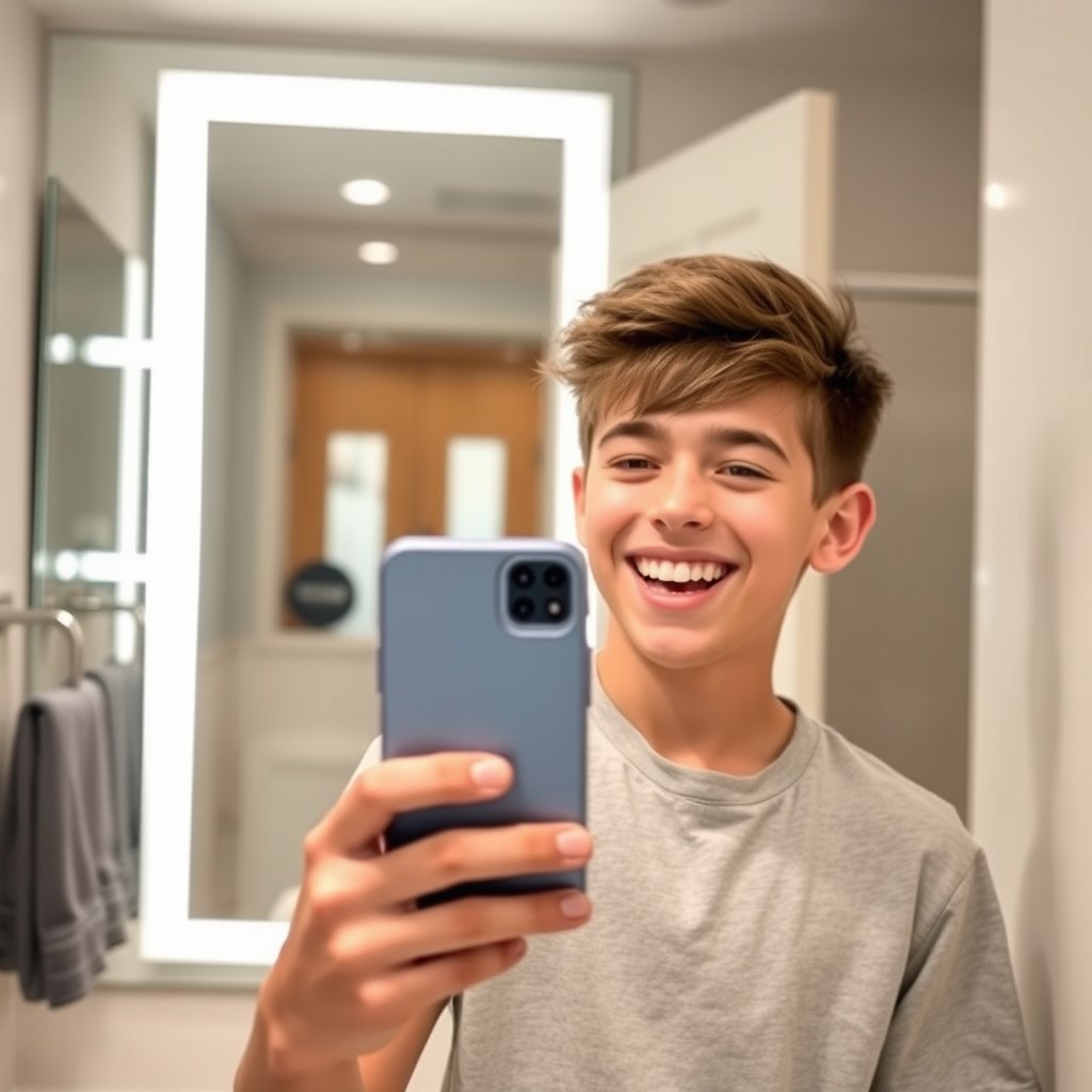 A teenage boy taking a selfie in front of a mirror, smiling widely