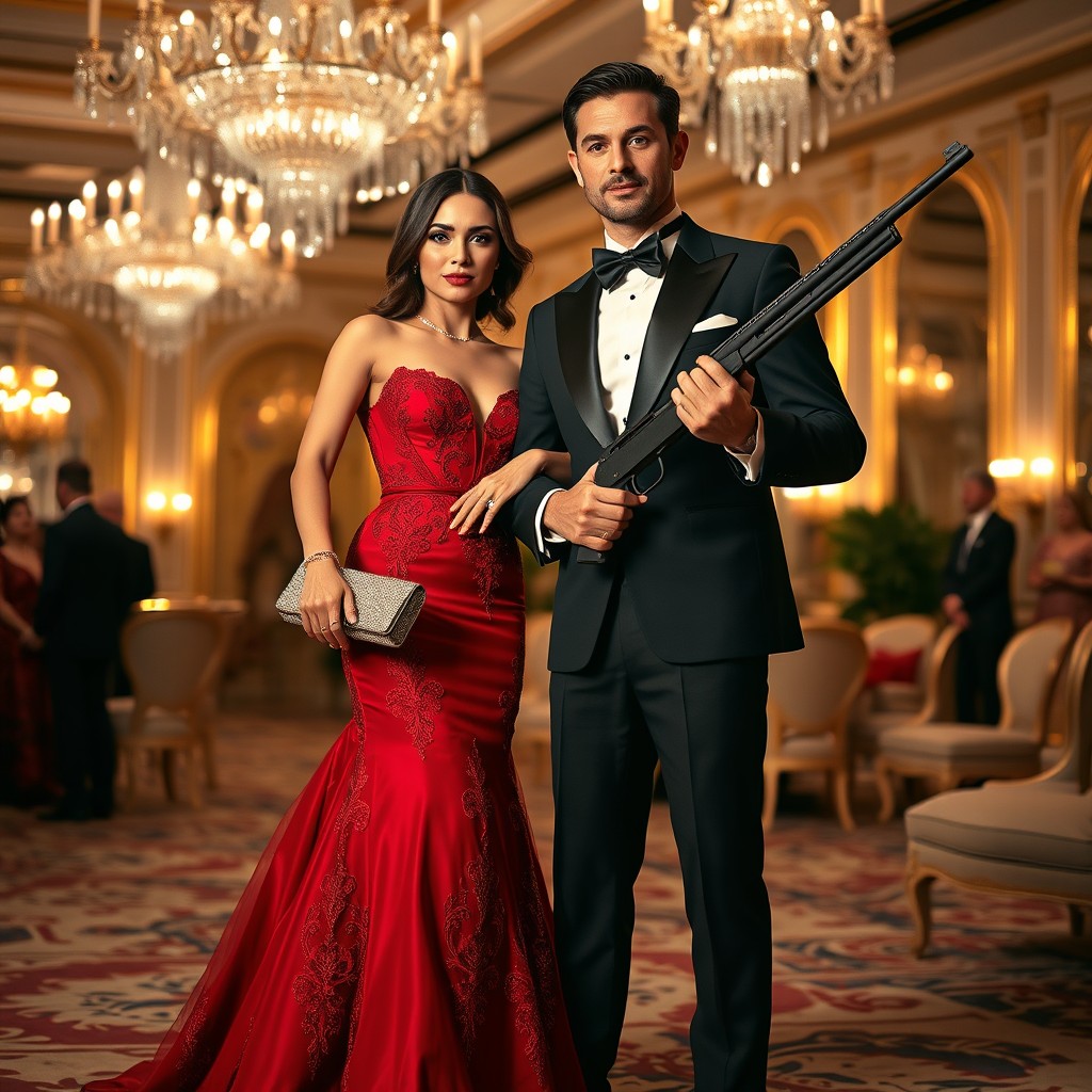 A glamorous couple in elegant formal attire, attending a high-society event in Russia