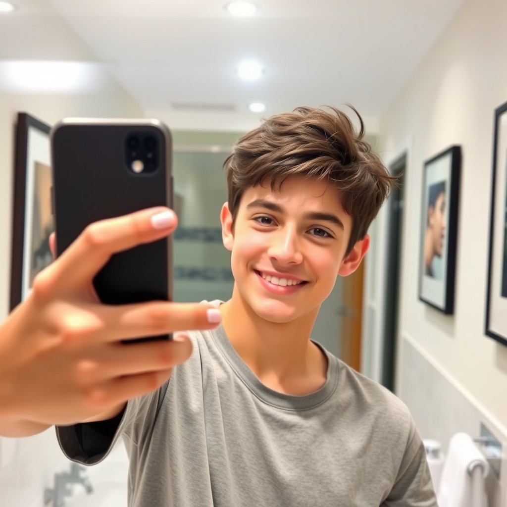A teenage boy taking a selfie in the mirror, smiling and showing a confident expression