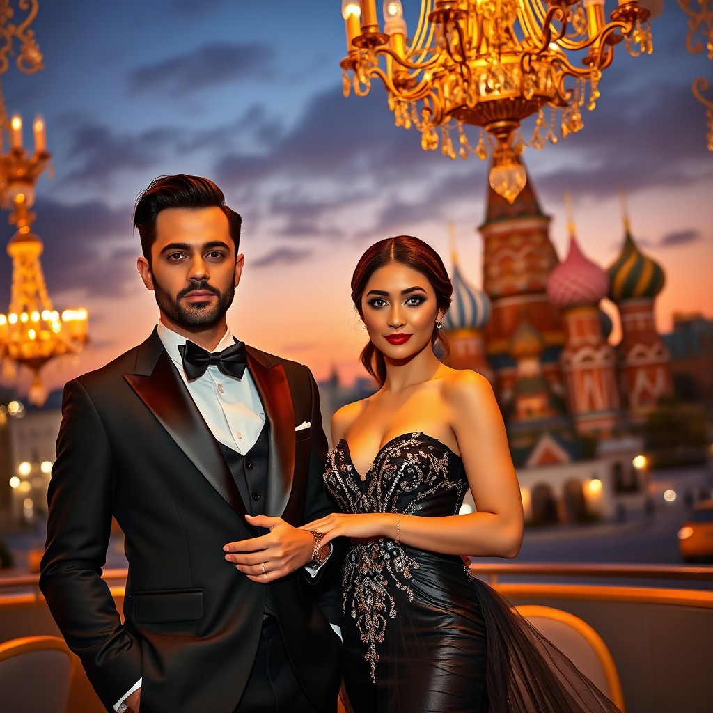 A glamorous couple in formal attire, the man in a stylish tuxedo and the woman in an elegant evening gown, standing confidently with an air of sophistication