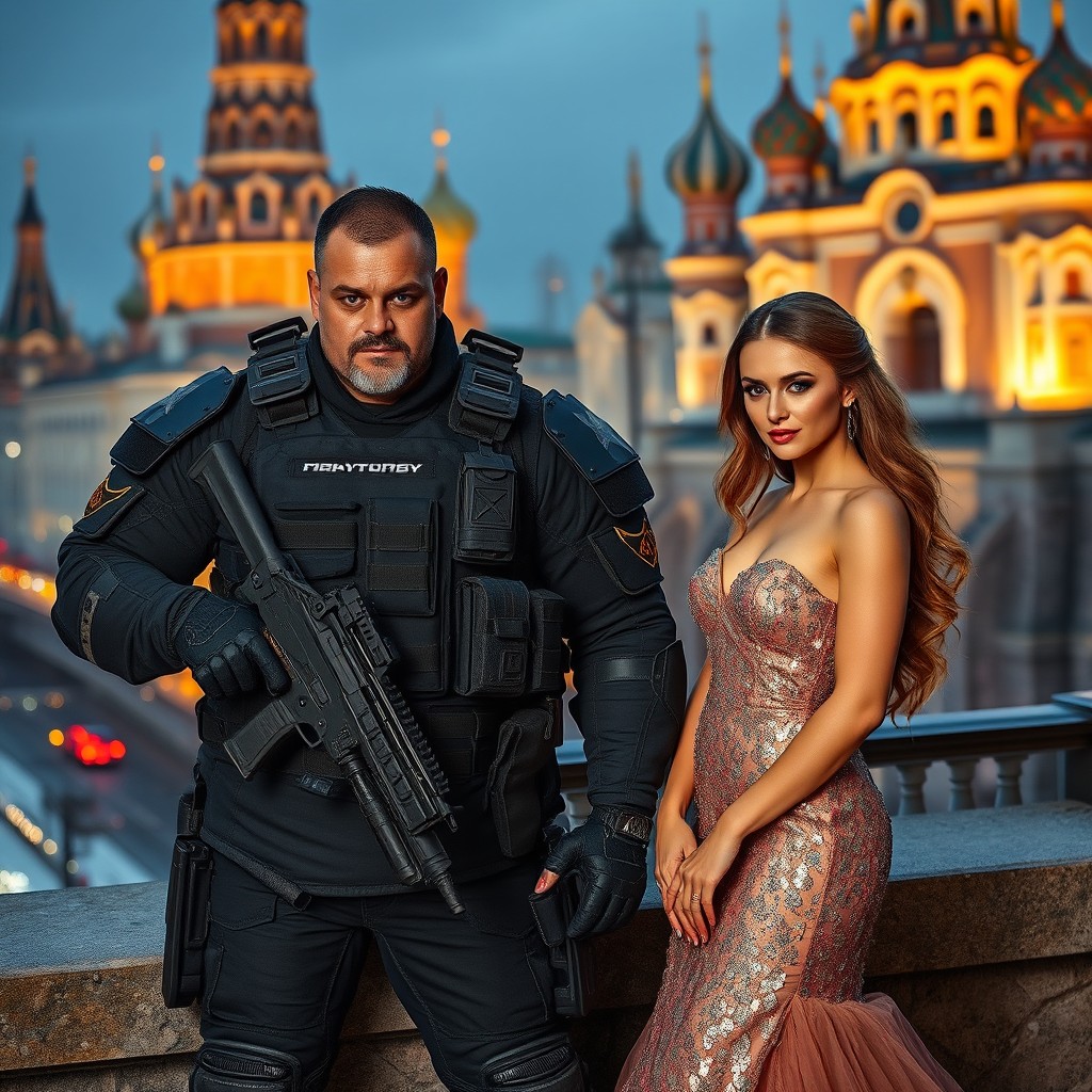 A powerful and imposing figure dressed in tactical gear stands prominently, showcasing a confident stance