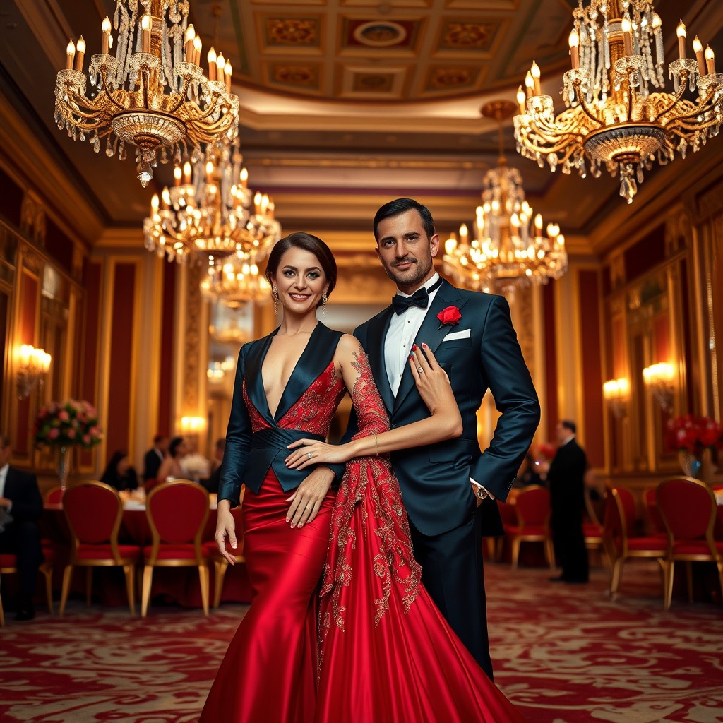 A glamorous Russian couple in elegant formal attire, showcasing a stunning evening gown on the woman and a tailored tuxedo on the man