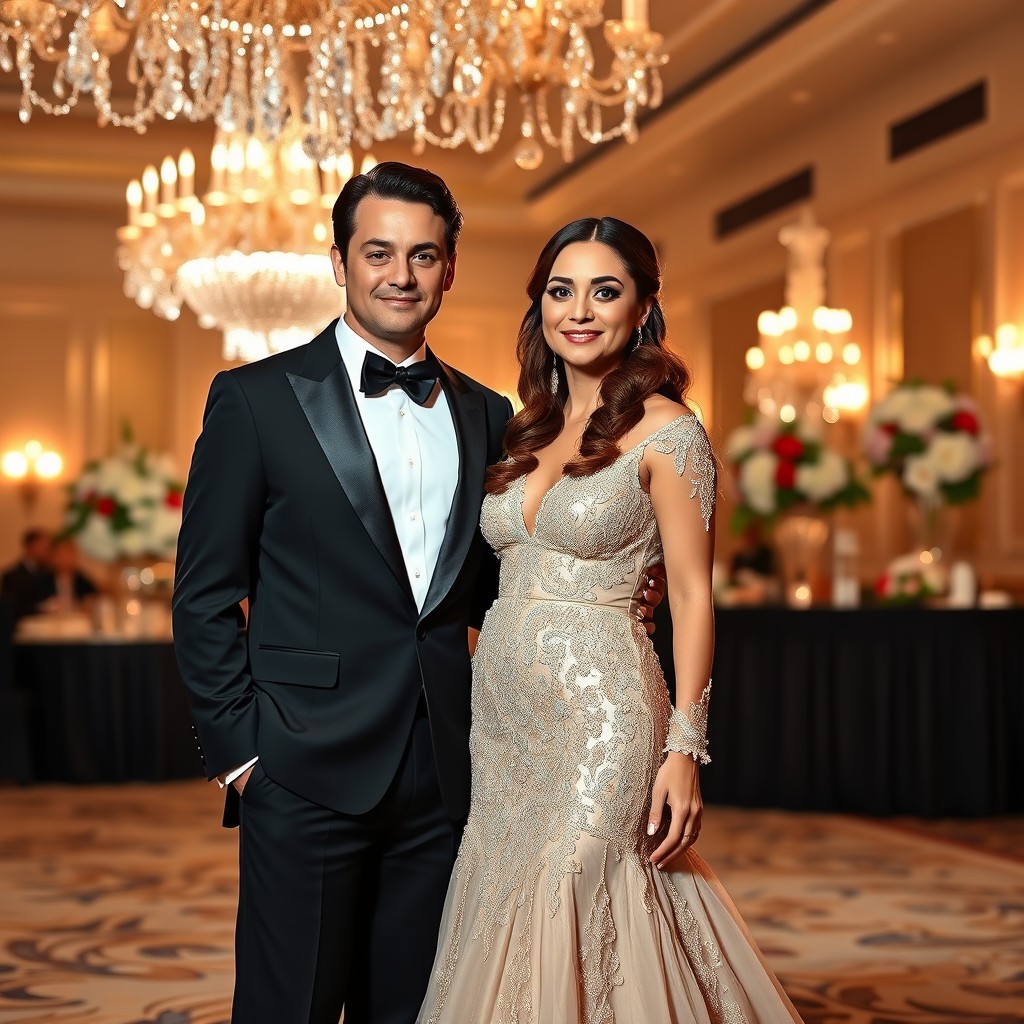 A glamorous couple dressed for a formal gala event
