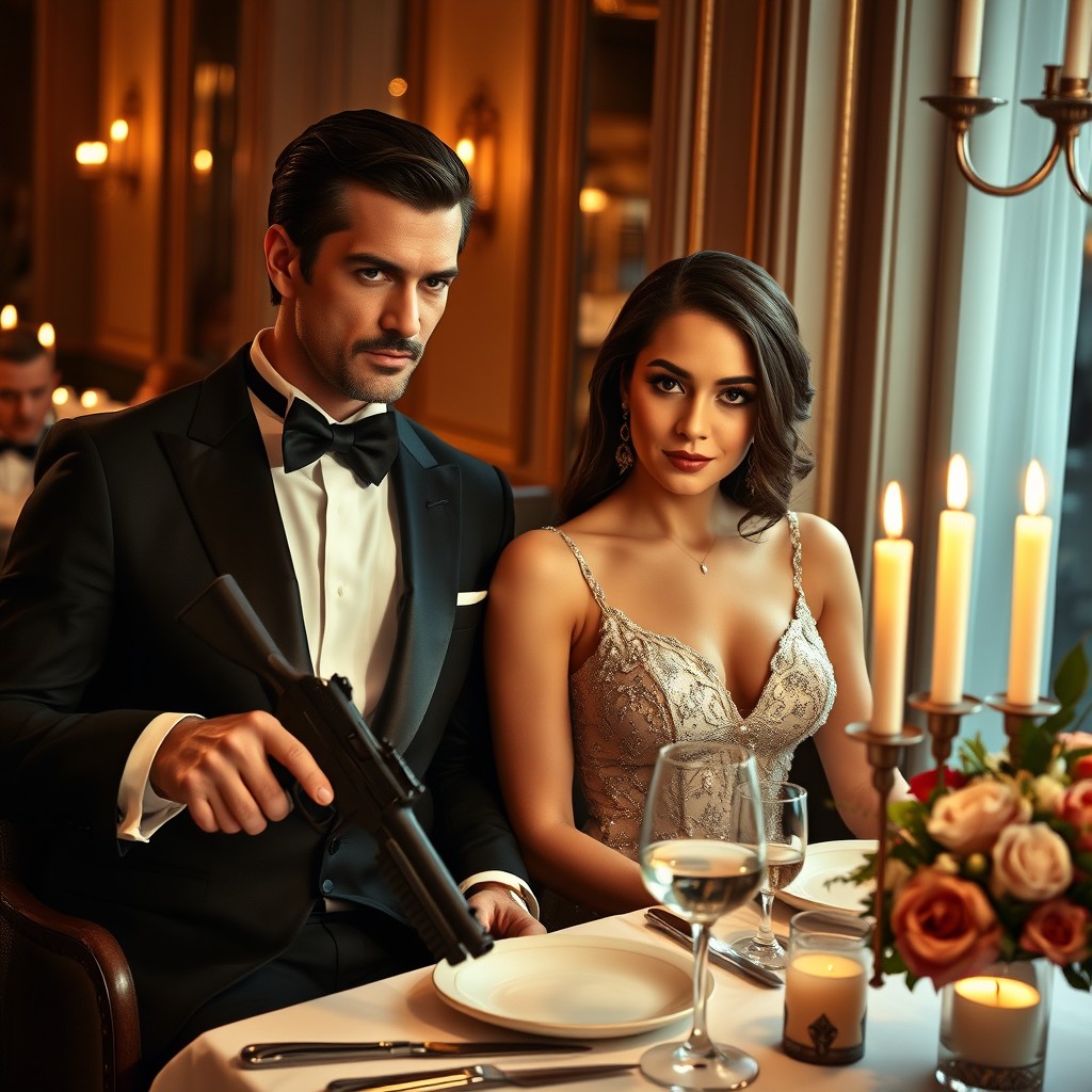 A glamorous couple dining elegantly, dressed in formal attire with exquisite details, such as a sparkling evening gown for the woman and a sharply tailored tuxedo for the man