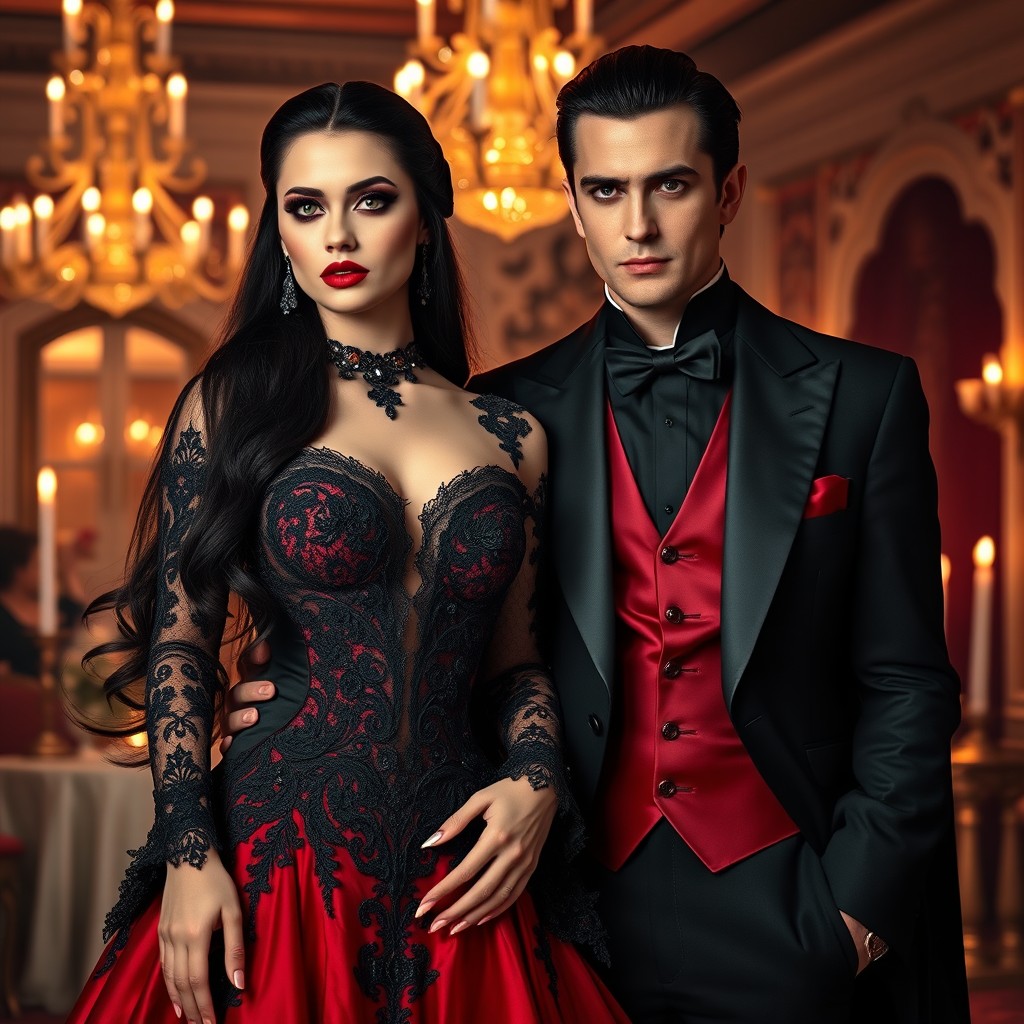 An elegant vampire couple dressed in formal attire, showcasing a dramatic and sophisticated look