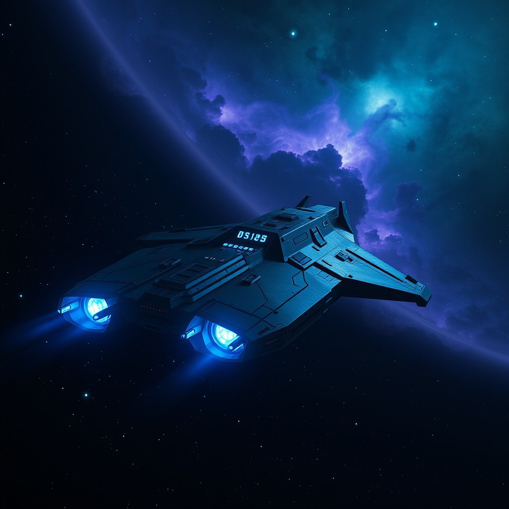 A deep space mercenary ship navigating through a dark, expansive cosmos