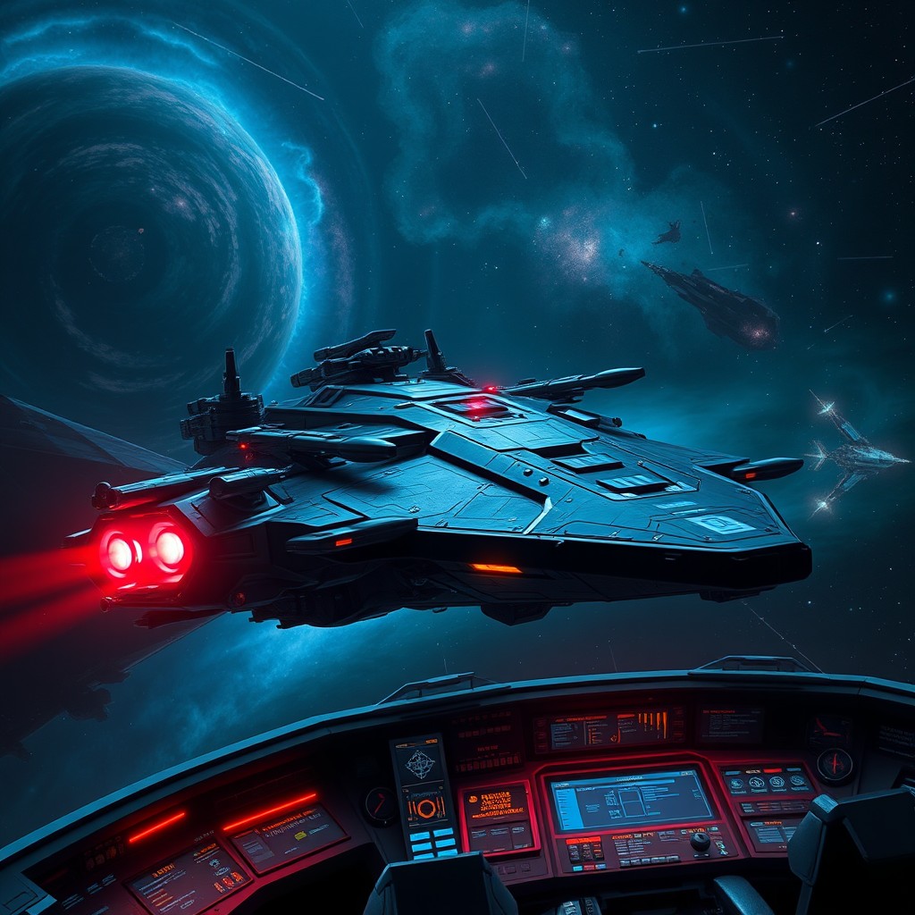 A deep space mercenary battle ship in a dramatic, dark scenery of the cosmos