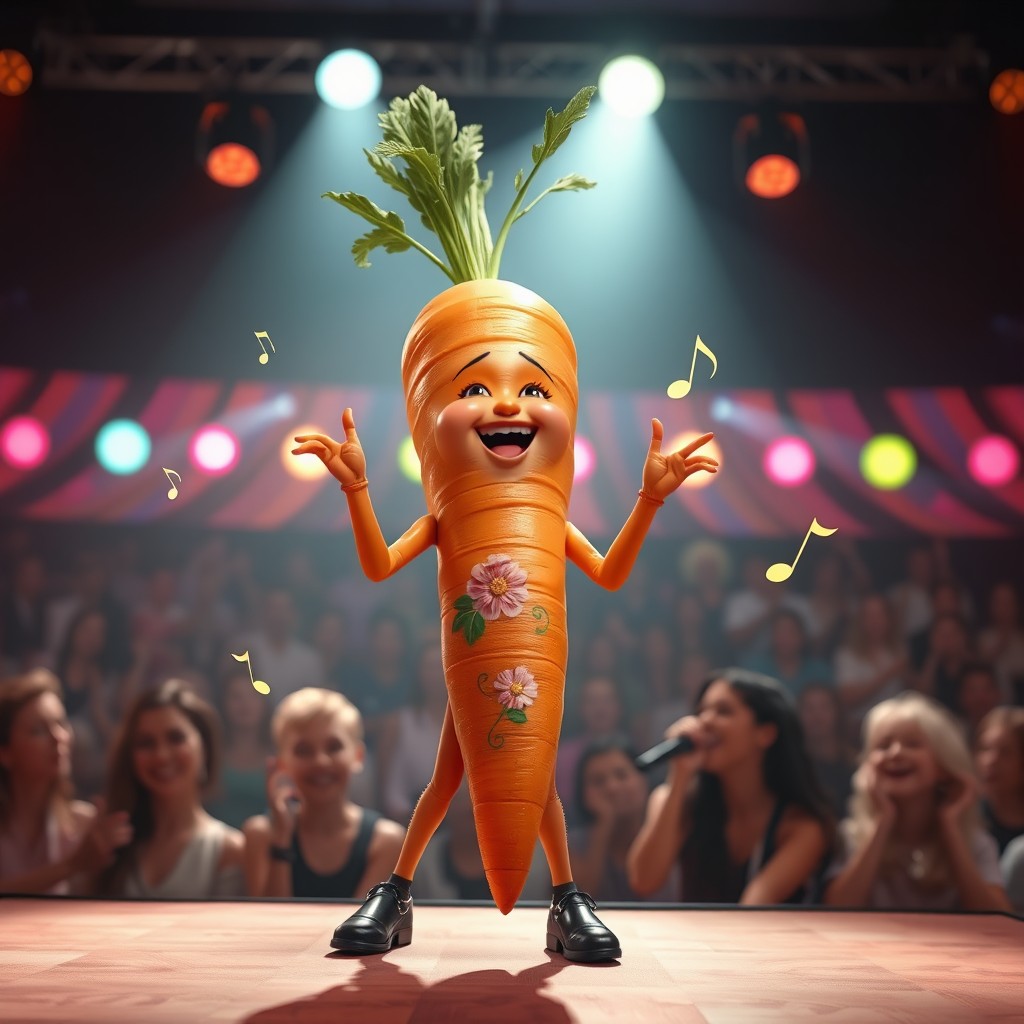 A very realistic carrot character, anthropomorphized with hands and legs, depicted as a girl performing energetically on a stage