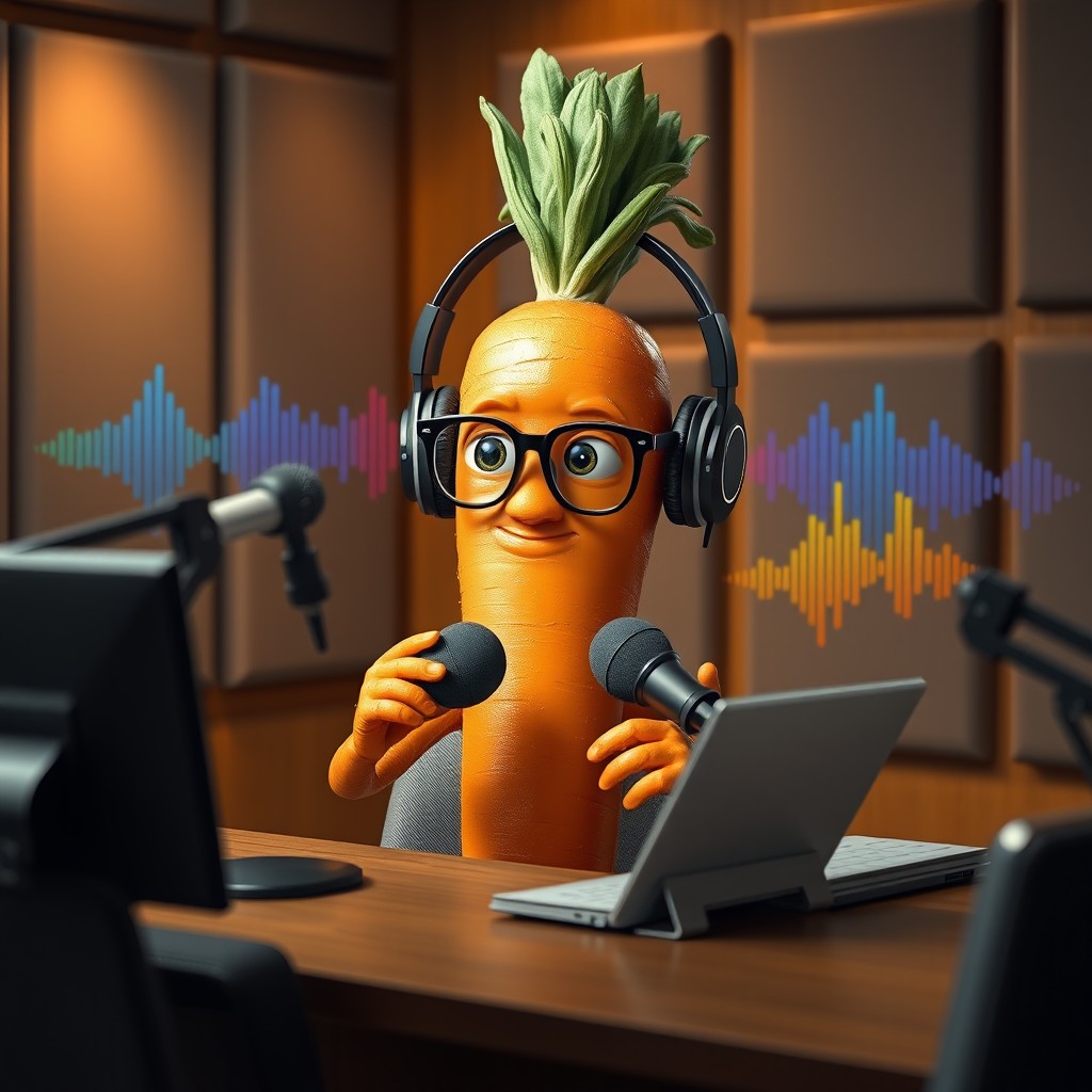 A very realistic carrot character, anthropomorphized with hands and legs, sitting at a podcasting desk equipped with microphones and headphones