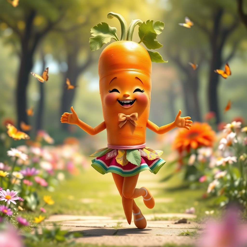 A very realistic carrot character, anthropomorphized with hands and legs, depicted as a playful little girl