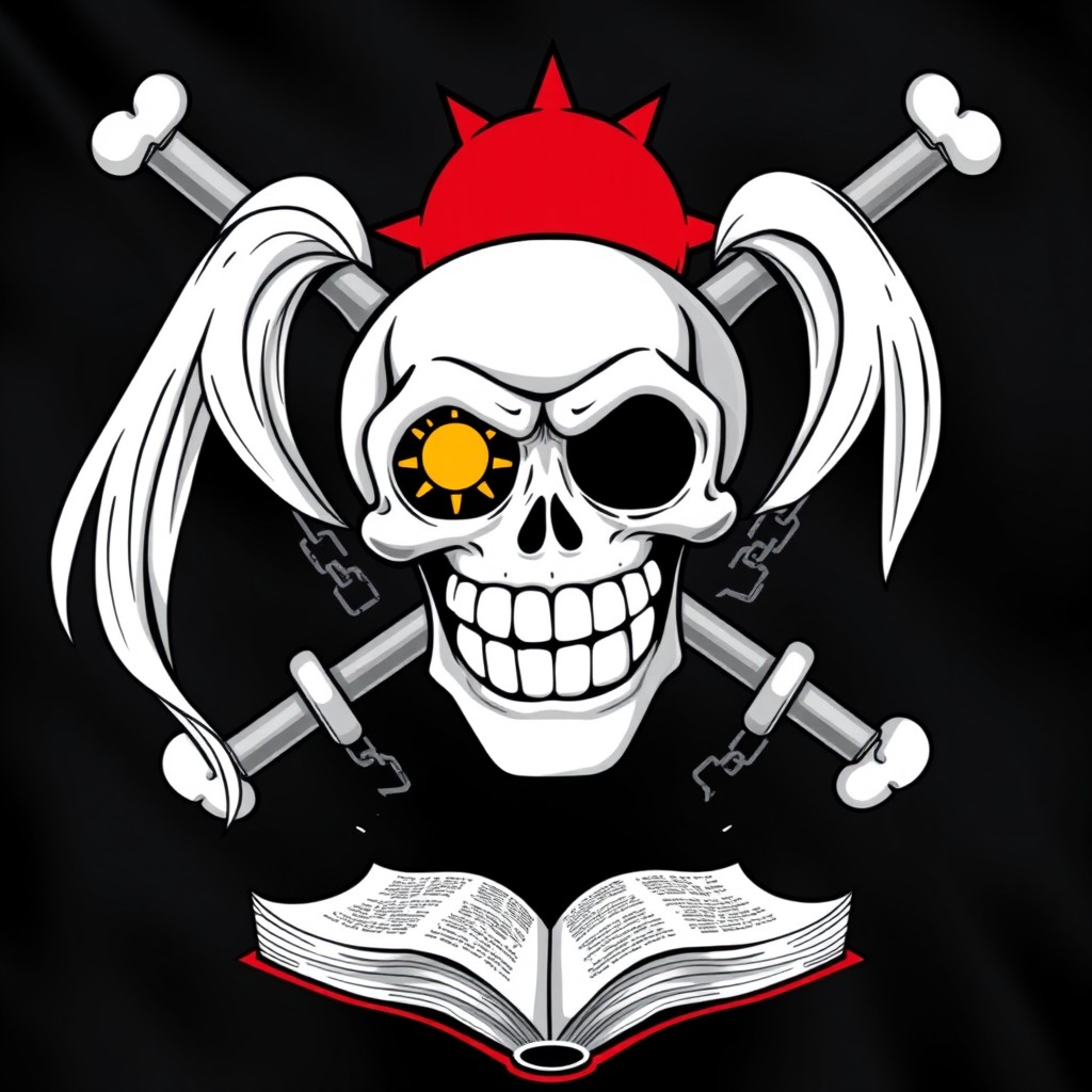 A pirate flag in the style of One Piece featuring a smiling white skull with long straight hair on the sides
