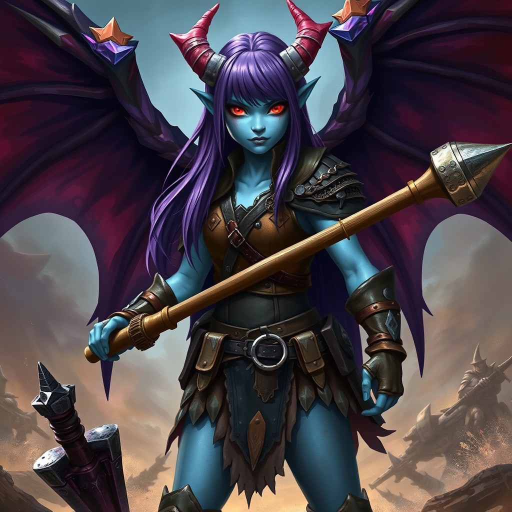 A fierce tiefling girl warrior with striking light blue skin and vibrant red eyes, her hair is straight and purple, cascading down her back
