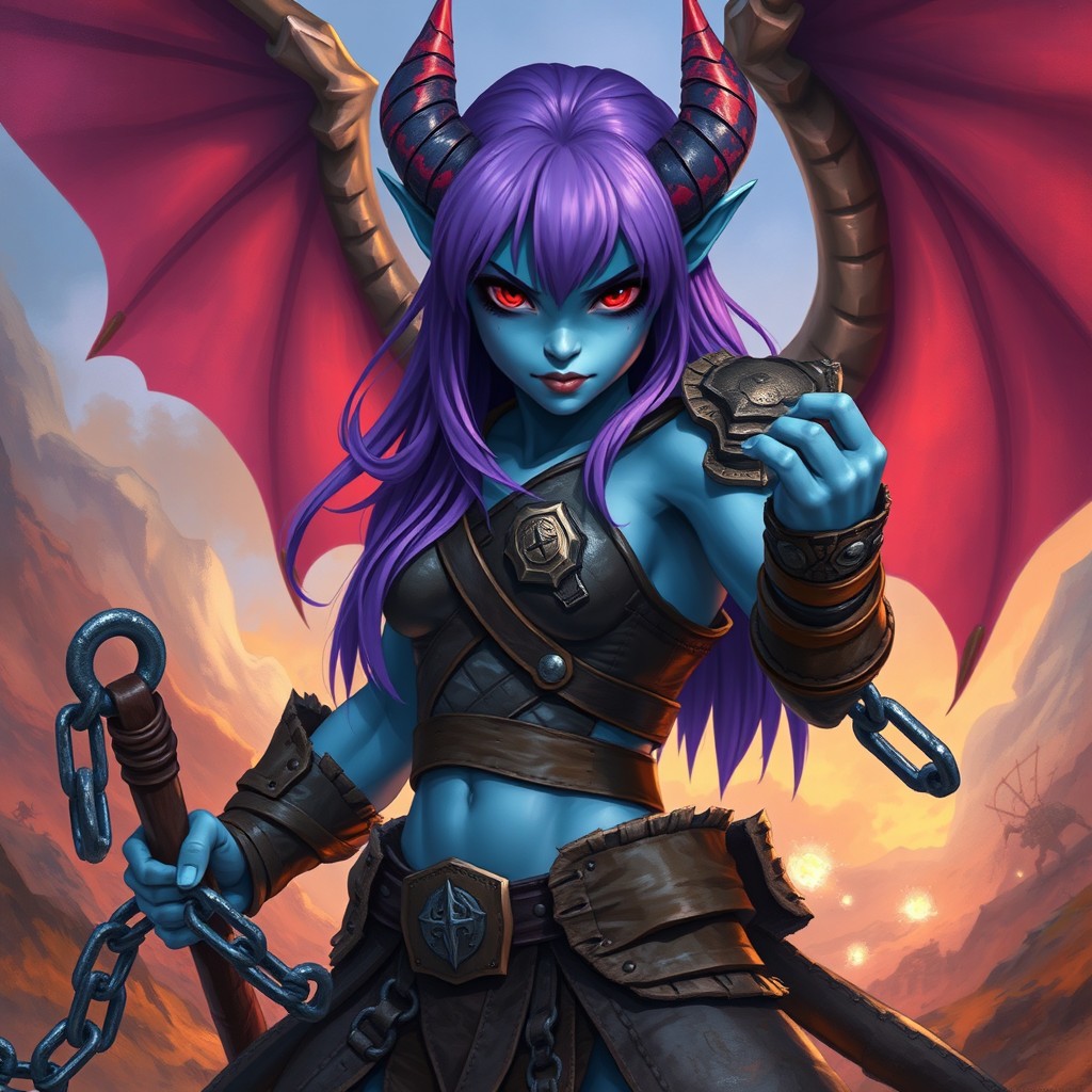 A fierce tiefling girl warrior with striking light blue skin and vibrant red eyes, her straight purple hair flows gracefully as she stands poised for action