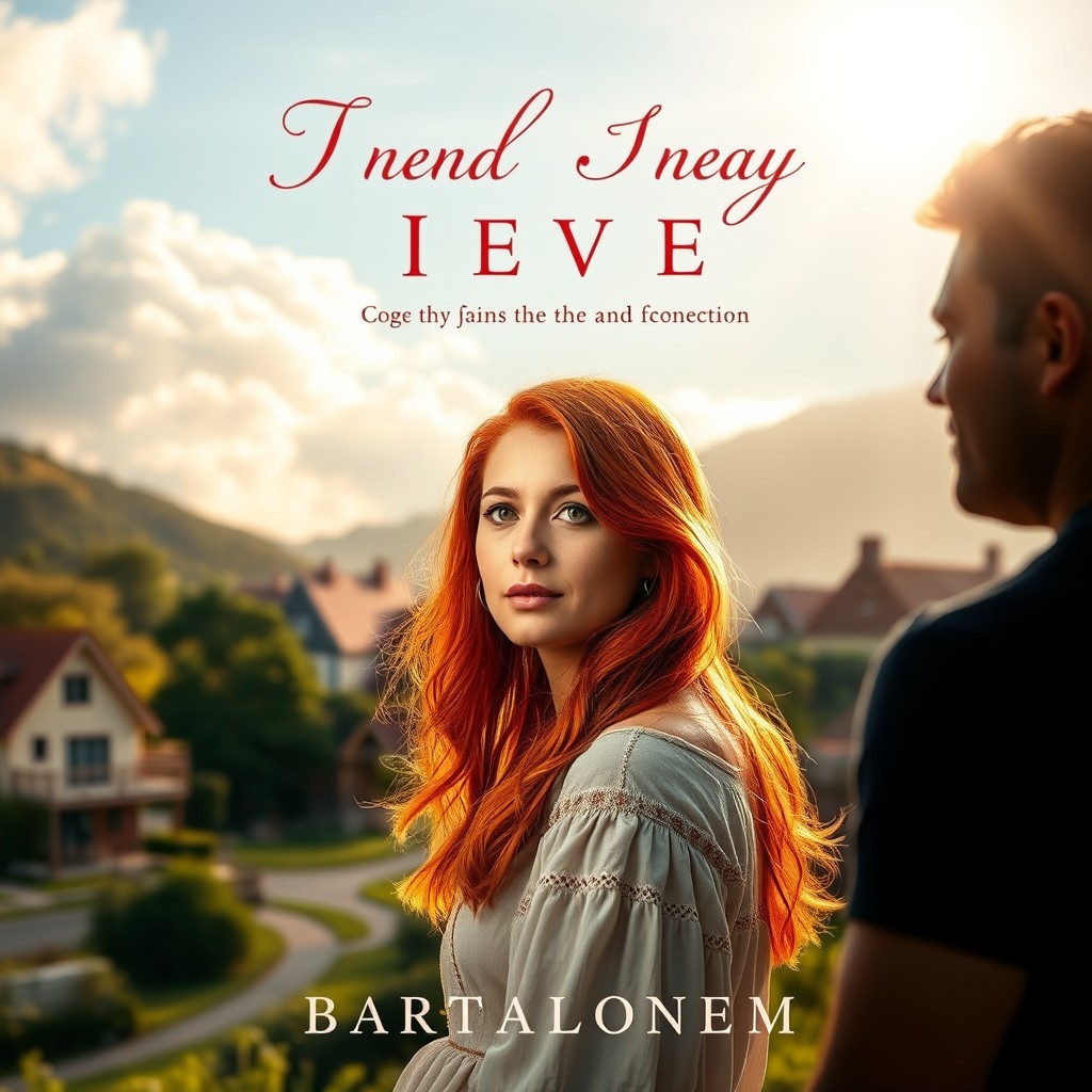A book cover design featuring a striking image of a red-haired woman standing at the edge of a serene small town, bathed in warm sunlight