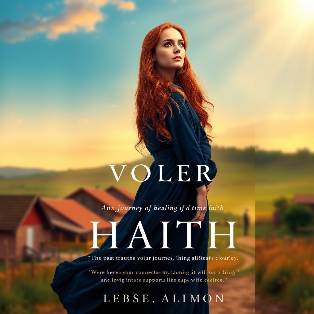 A book cover design featuring a long-haired red-haired woman in a flowing dark blue dress, embodying both elegance and resilience