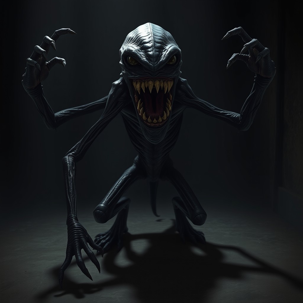 A terrifying monster with a thin body and four long arms