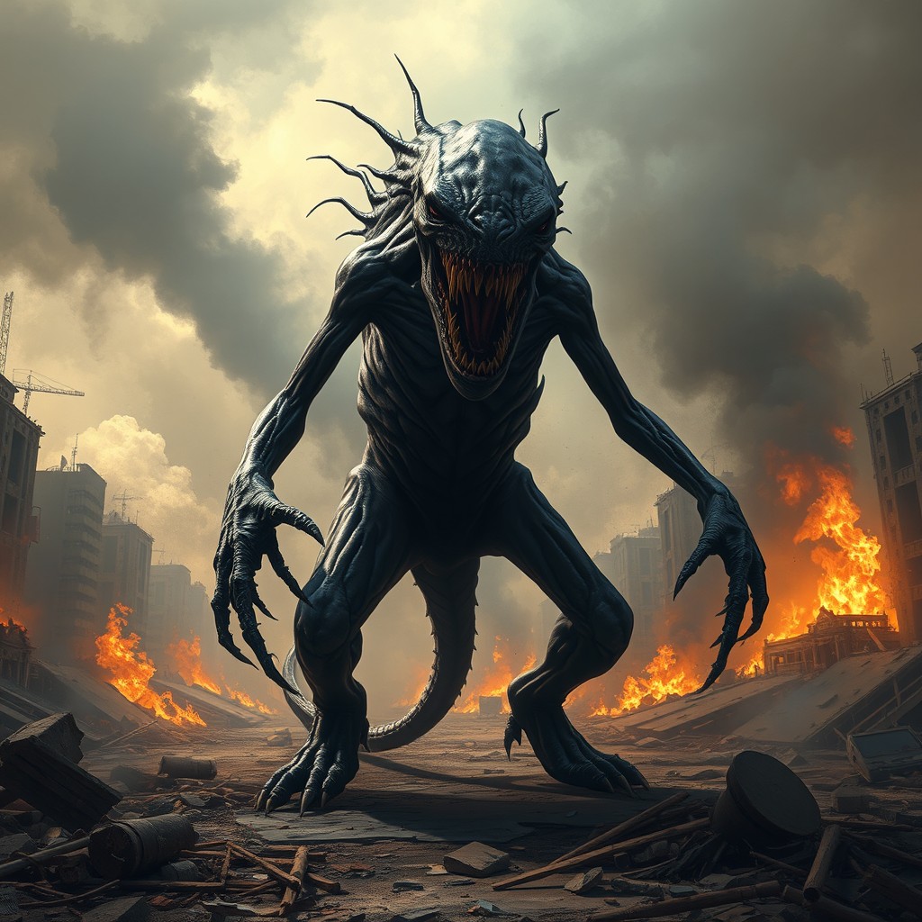 A realistic depiction of a terrifying monster with a thin body and four long arms