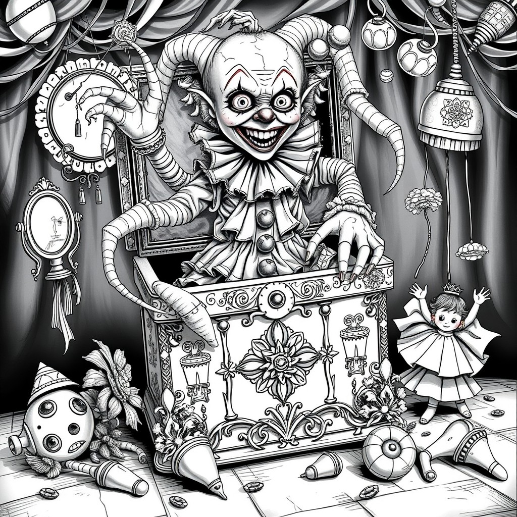 A creepy clown doll rising from an old, cursed music box