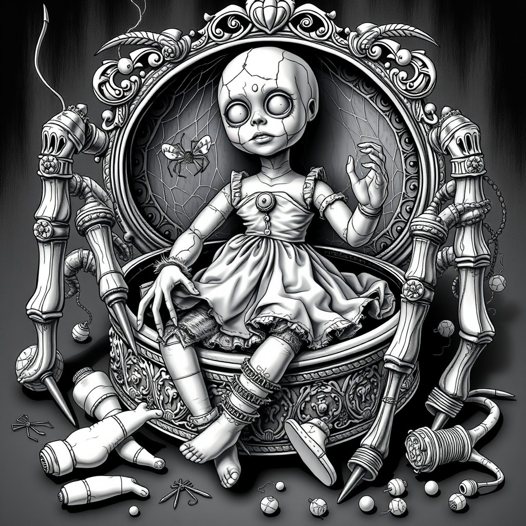 A creepy doll sitting inside an ornate spider-shaped jewelry box, featuring twisted, mismatched limbs and a cracked face with hollow eyes