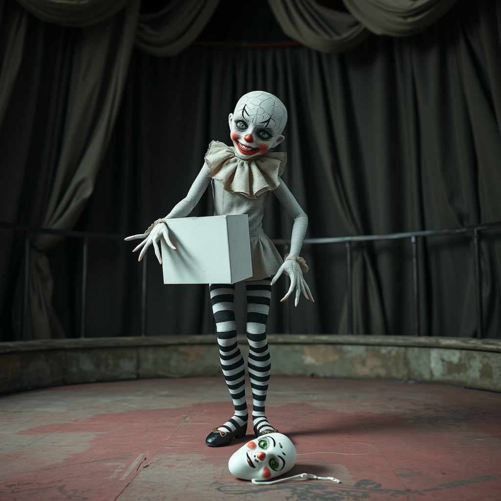 A creepy mime doll standing in a twisted pose inside an abandoned circus ring