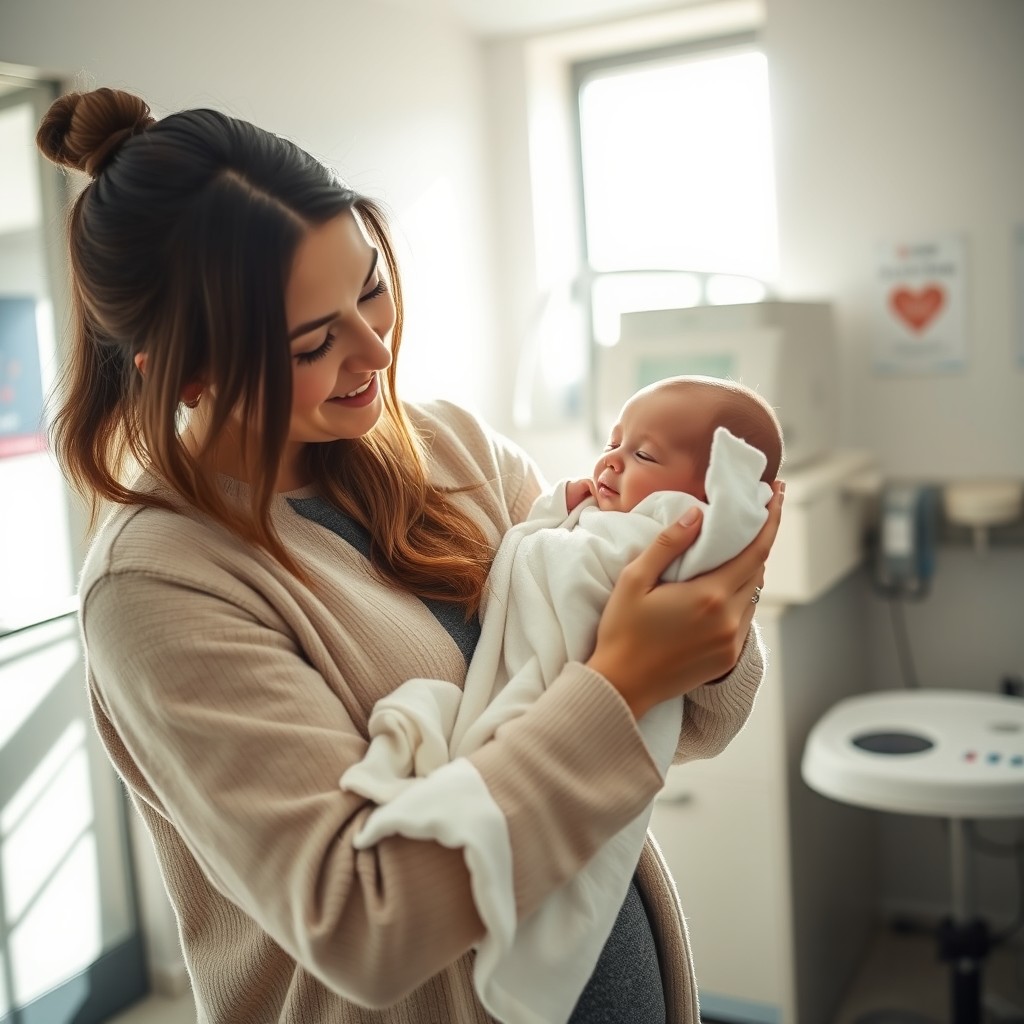 A caring mother gently holding her one-month-old baby boy as they prepare for a check-up at the clinic