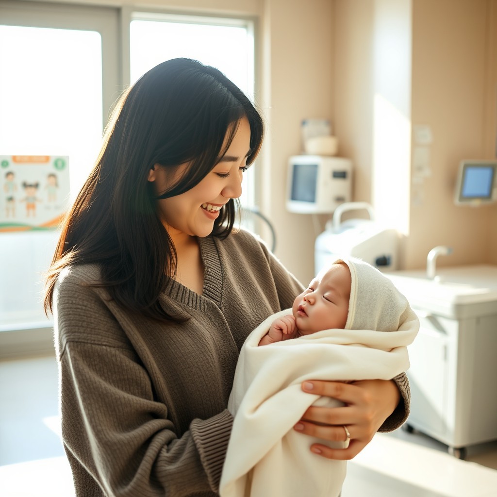 A caring Japanese mother gently holding her one-month-old baby boy as they prepare for a check-up at the clinic