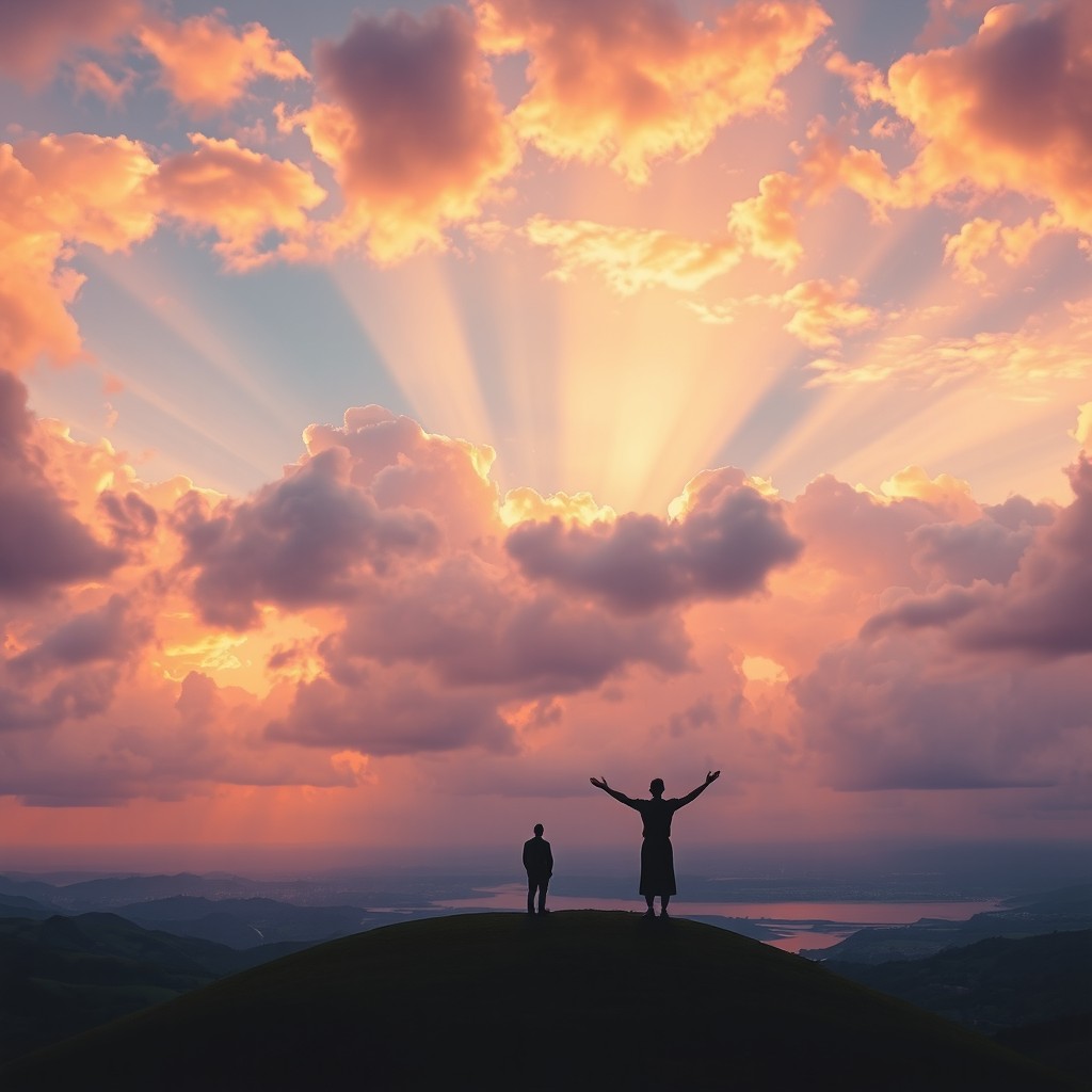 A serene and peaceful landscape depicting a vast and beautiful sky filled with soft, fluffy clouds during sunset