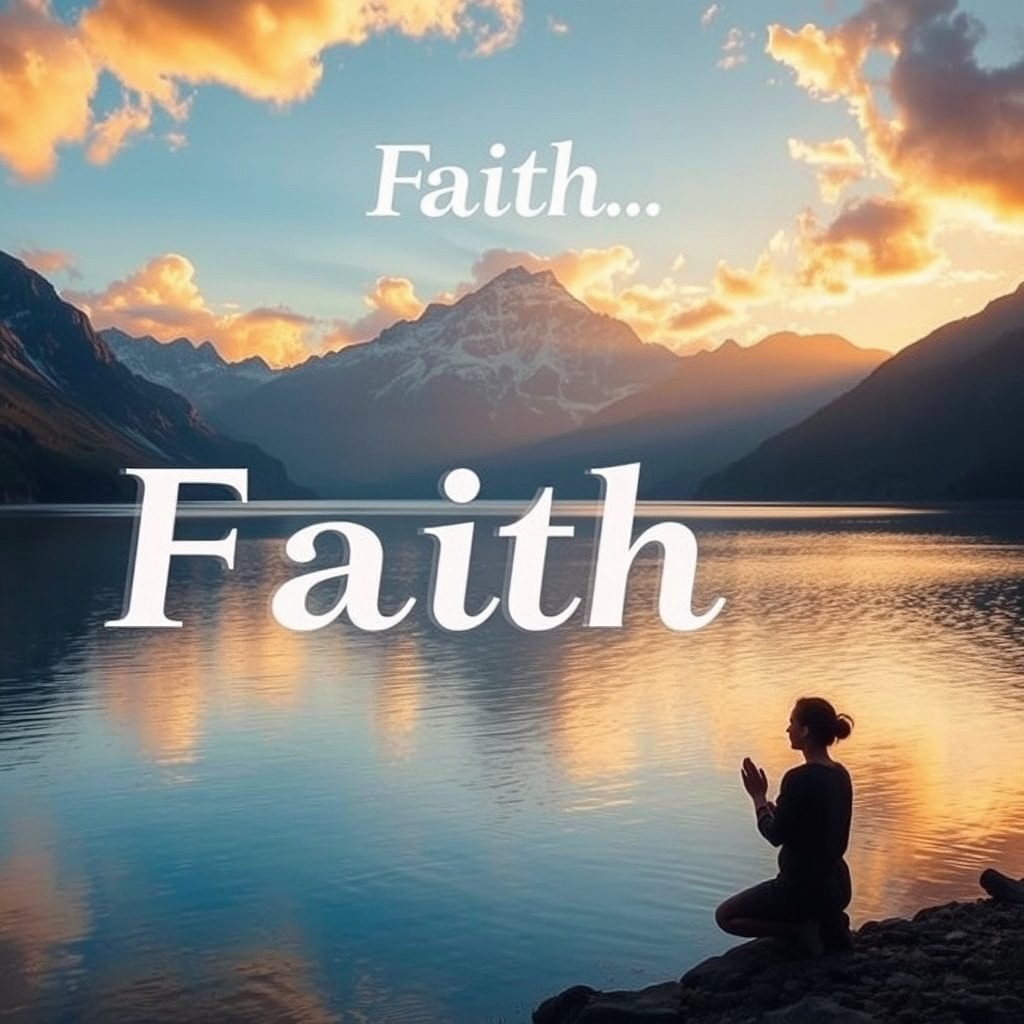 A serene and peaceful landscape symbolizing faith and spirituality, featuring a glowing sunrise illuminating a tranquil lake surrounded by majestic mountains